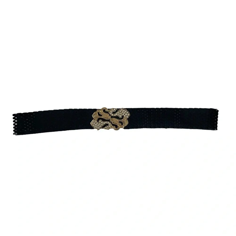 Vintage Gantos Black Belt with Gold Rhinestone Clasp